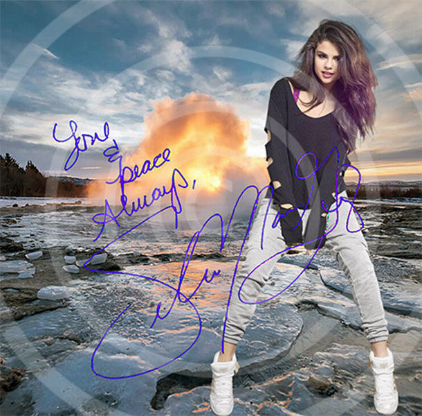 Selena Gomez in Island. Kunstdruck 40x40 cm. Souvenir. Fan-Artikel. Geschenk. Sammlerstück. Wanddekoration. BRANDNEU!